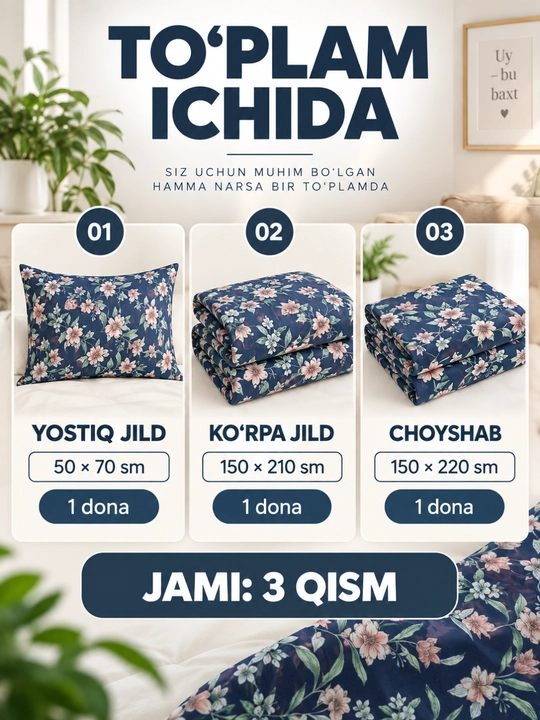 1 kishilik yotoq komplekti, 100% paxta, 3 talik, choyshab, ko‘rpa va yostiq jildi