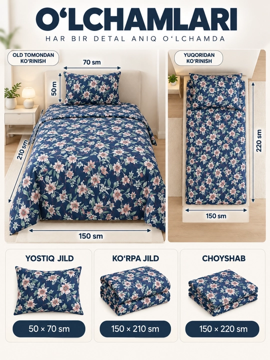 1 kishilik yotoq komplekti, 100% paxta, 3 talik, choyshab, ko‘rpa va yostiq jildi