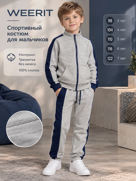 Спортивный костюм детский WEERIT трикотажный хлопковый трёхнитка без начеса для мальчиков - 