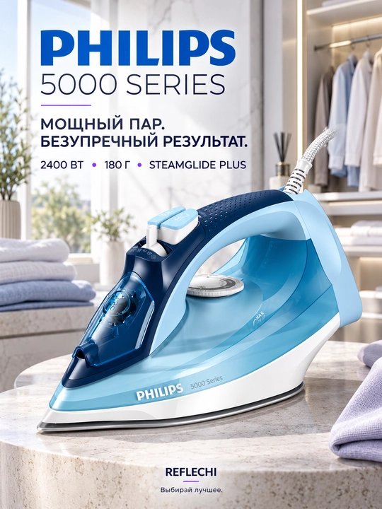Утюг Philips 5000 Series DST5030, 2400 Вт, паровой удар 180 г, SteamGlide Plus - 