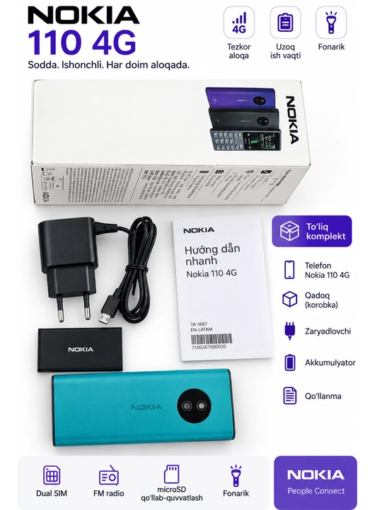 Nokia 125 Dual sim Uzimeidan o'tgan knopkali tugmali ixcham telefon, 1020 mAh batareya