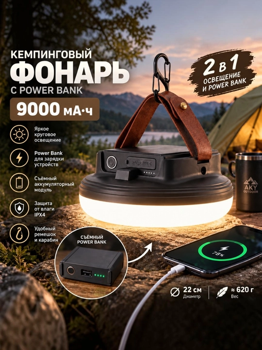 Фонарь кемпинговый аккумуляторный, LED, с функцией Power Bank - 