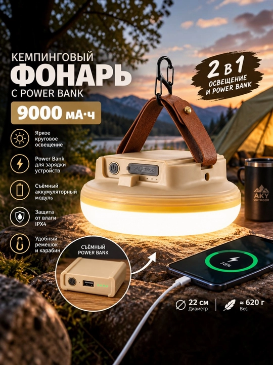 Фонарь кемпинговый аккумуляторный, LED, с функцией Power Bank - 
