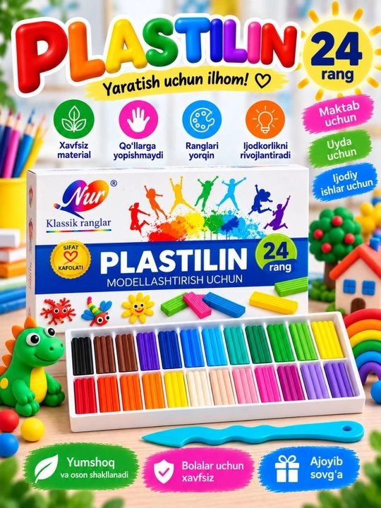 Bolalar uchun rangli plastilin, modellashtirish va ijodkorlik uchun, 6–24 rang