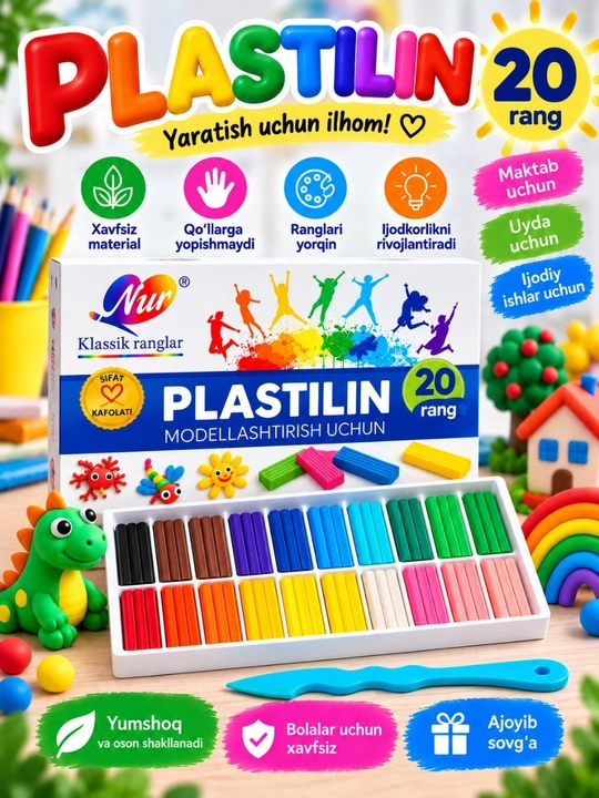 Bolalar uchun rangli plastilin, modellashtirish va ijodkorlik uchun, 6–24 rang