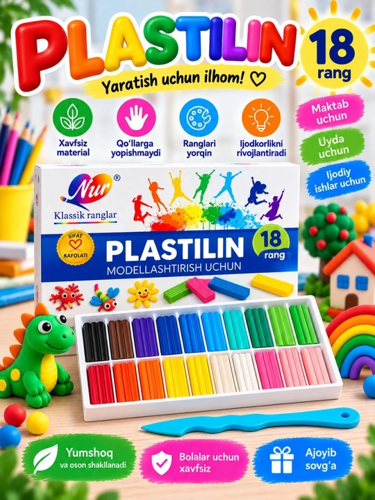 Bolalar uchun rangli plastilin, modellashtirish va ijodkorlik uchun, 6–24 rang