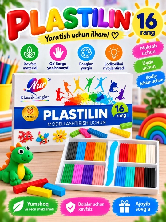 Bolalar uchun rangli plastilin, modellashtirish va ijodkorlik uchun, 6–24 rang
