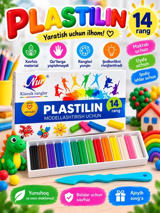 Bolalar uchun rangli plastilin, modellashtirish va ijodkorlik uchun, 6–24 rang
