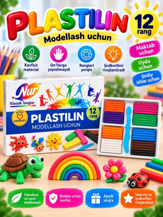 Bolalar uchun rangli plastilin, modellashtirish va ijodkorlik uchun, 6–24 rang
