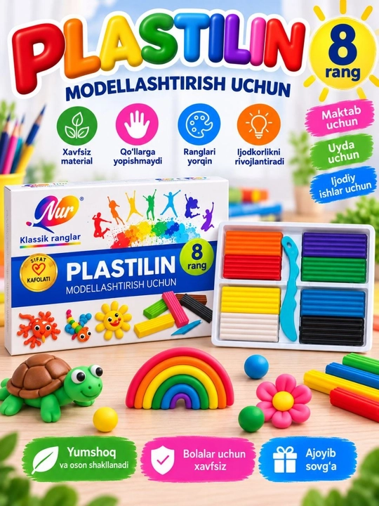 Bolalar uchun rangli plastilin, modellashtirish va ijodkorlik uchun, 6–24 rang