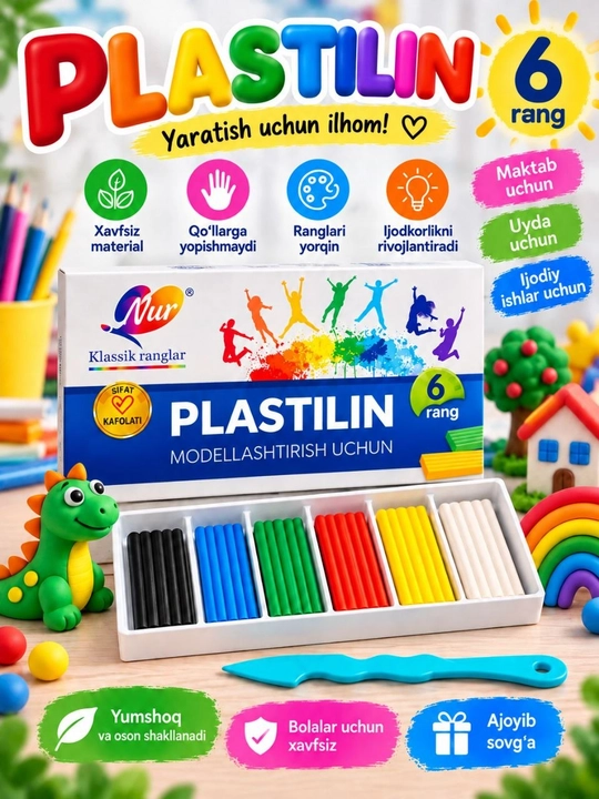 Bolalar uchun rangli plastilin, modellashtirish va ijodkorlik uchun, 6–24 rang