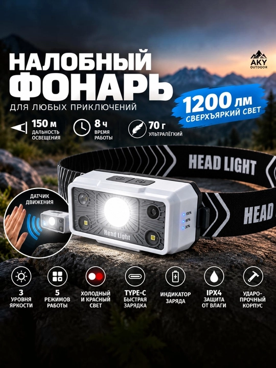 Фонарь aky 00036LP налобный белый - 
