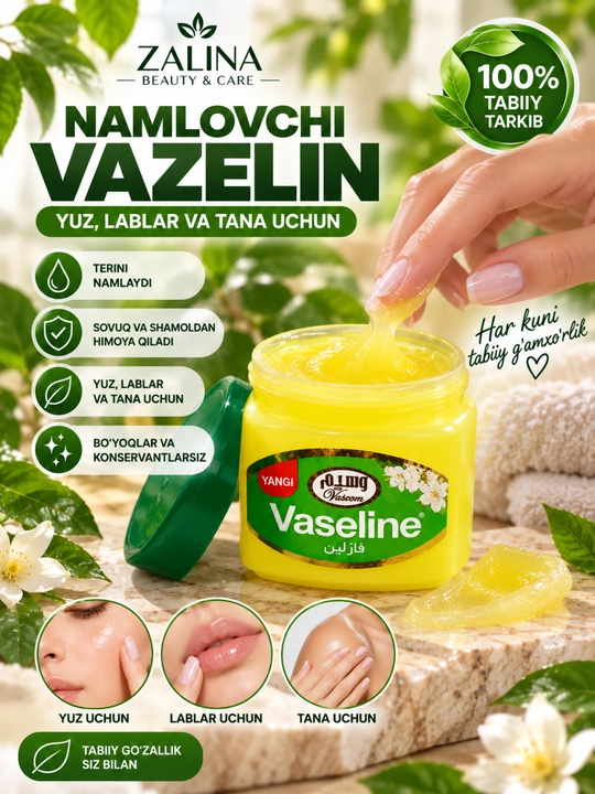 Yuz, lablar va tana uchun namlovchi vazelin, kundalik parvarish, 100 ml