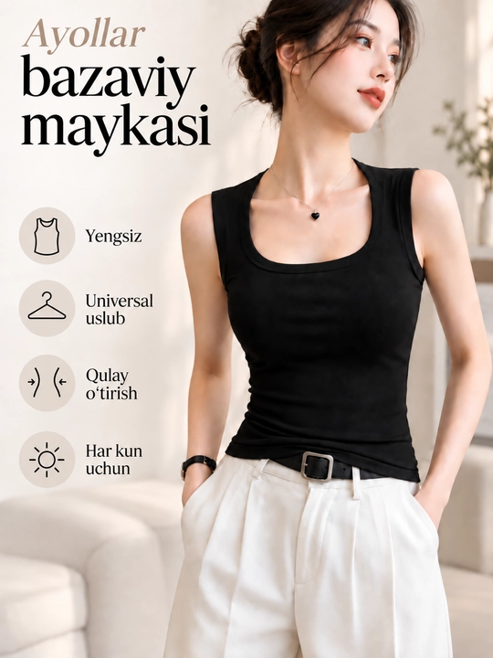 Top mayka, ayollar maykasi, bazaviy mayka, qora kundalik top, keng yelkali qulay model