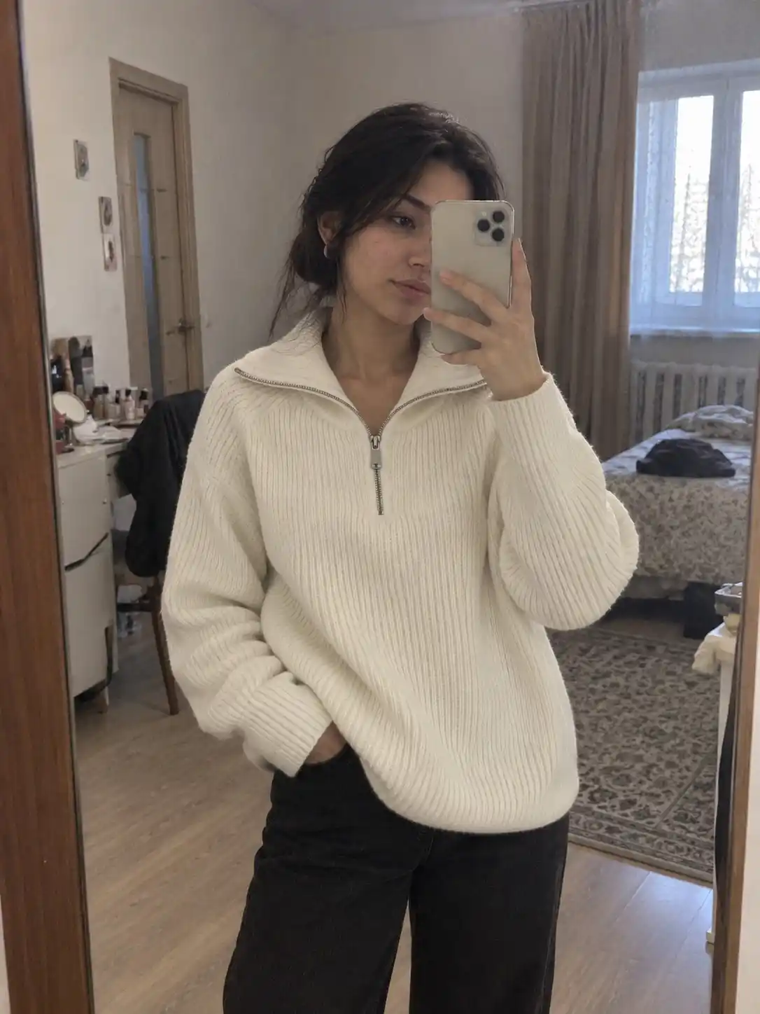 Ayollar oversize sviteri, fermuarli yoqali trikotaj jemper, kuz va qish uchun issiq