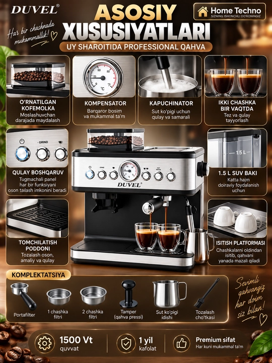 Kompensator va kapuchino qaynatgichli professional qahva mashinasi Duvel DL-007