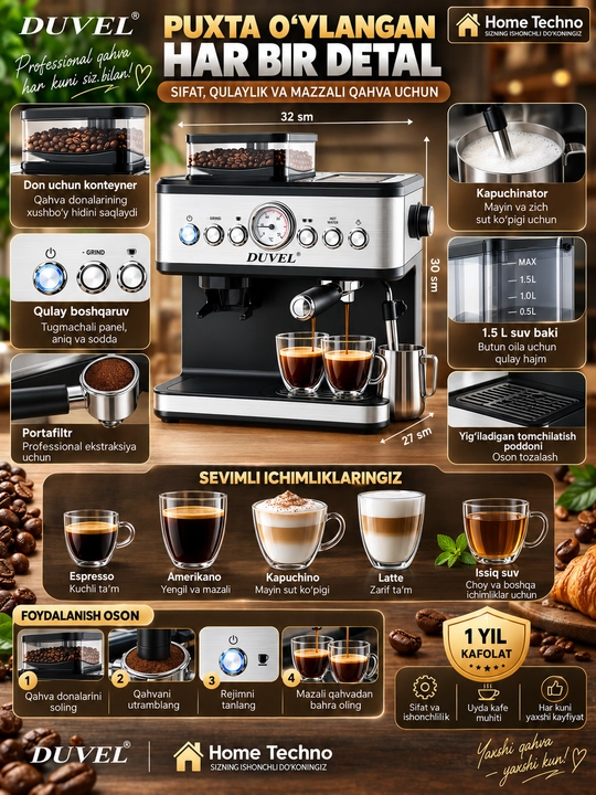 Kompensator va kapuchino qaynatgichli professional qahva mashinasi Duvel DL-007