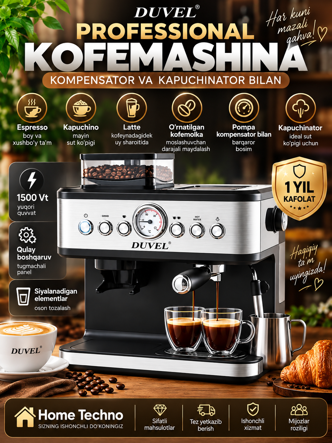 Kompensator va kapuchino qaynatgichli professional qahva mashinasi Duvel DL-007 - 