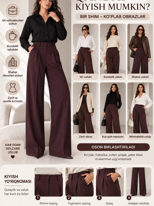 Ayollar klasik keng shim palazzo bordo klassik shim M   L  XL