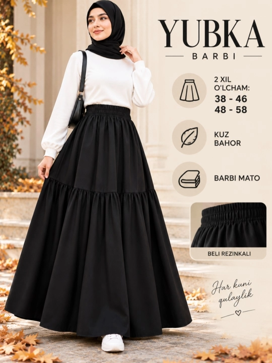 Ayollar uchun uzun va keng yubka Barbi matodan, beli keng rezinkali, qora qoshetak