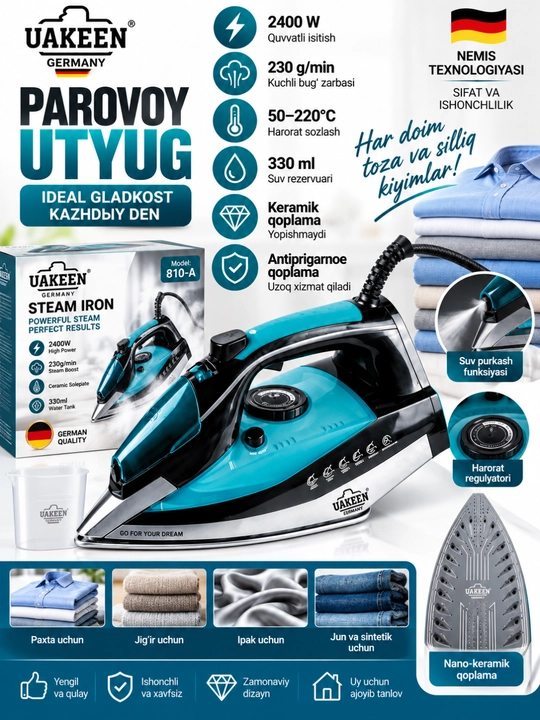 Nano Ceramic keramik taglikli UAKEEN 3000W bug‘ dazmoli