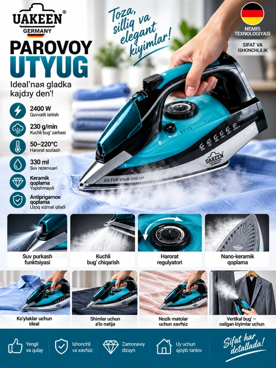 Nano Ceramic keramik taglikli UAKEEN 3000W bug‘ dazmoli