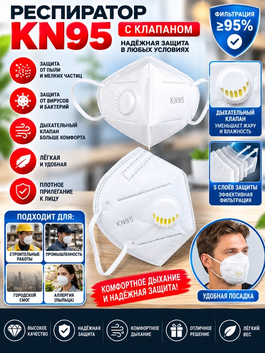KN95 yuz tibbiy niqobi, klapansiz respirator, 4 dona - 