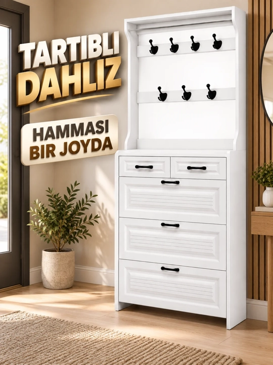 Poyabzal javoni, kiyim ilgichli va yuqori tokchali dahliz shkafi - 