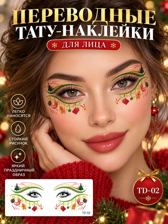 Yuz uchun yangi yil tatu-nakleyka, ko‘chirma, 1 dizayn yoki 10 dizaynli to‘plam
