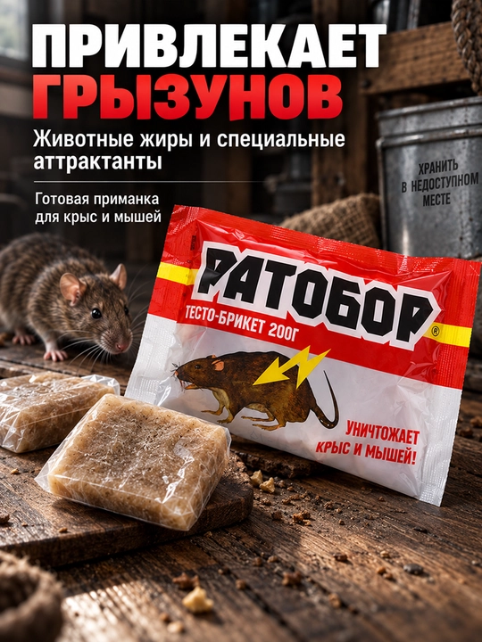 Ратобор Тесто-брикет, 200 г — средство против крыс и мышей