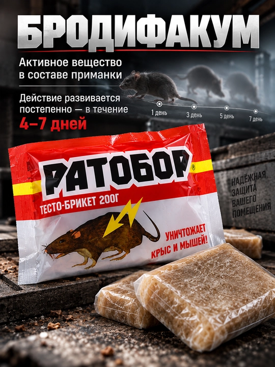 Ратобор Тесто-брикет, 200 г — средство против крыс и мышей