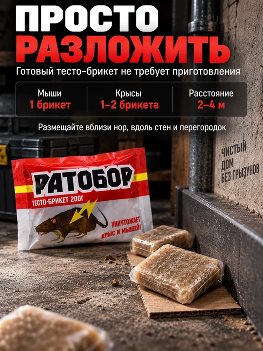 Ратобор Тесто-брикет, 200 г — средство против крыс и мышей