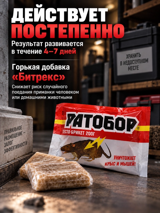 Ратобор Тесто-брикет, 200 г — средство против крыс и мышей