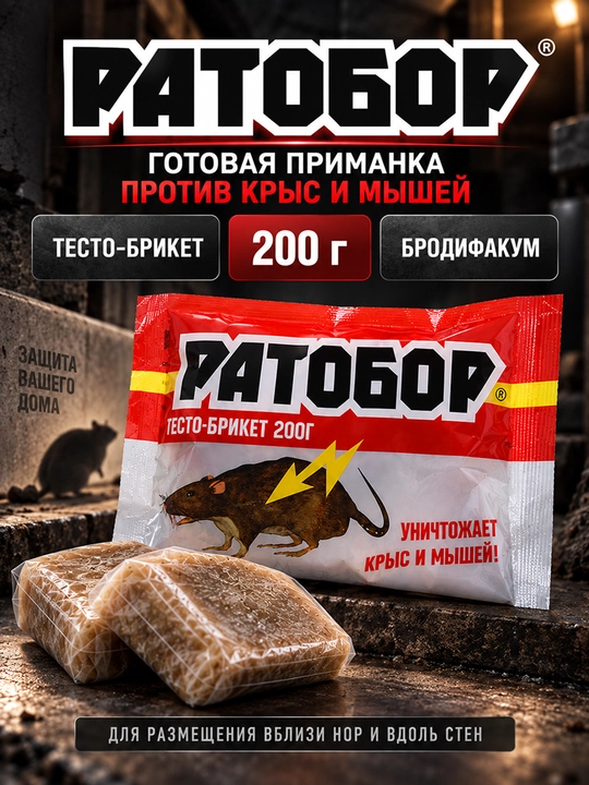 Ратобор Тесто-брикет, 200 г — средство против крыс и мышей