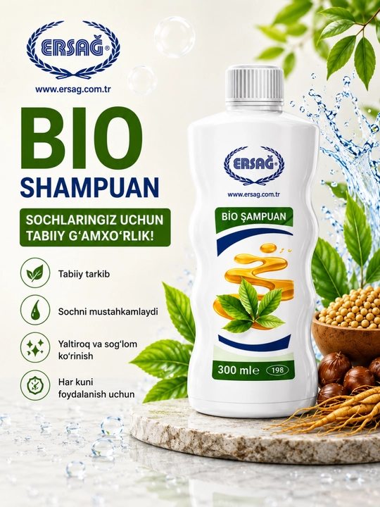 ERSAG Bio shampuni 300 ml - sochlarni parvarishlash, yaltiratish va mustahkamlash uchun