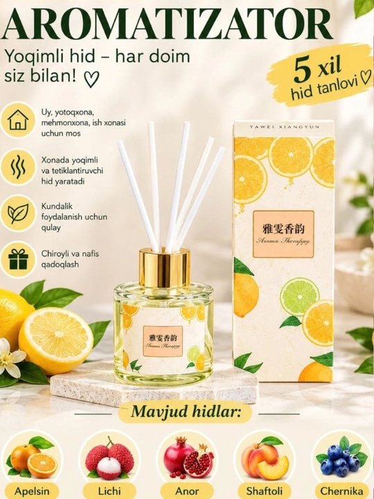 Xona uchun aromatizator, xona asvijitellari — yoqimli mevali hidlar, 5 xil tanlov - 
