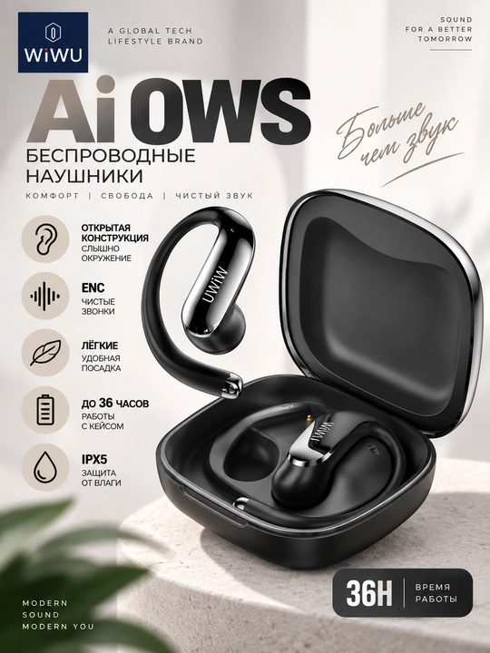 WiWU AiOWS simsiz quloqchin Bluetooth, ENC, ochiq dizayn, IPX5 va 36 soat - 