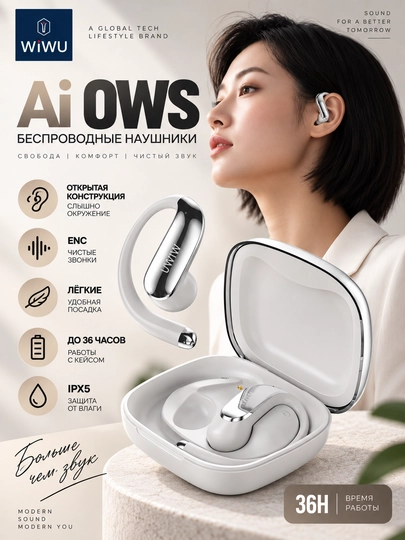 WiWU AiOWS simsiz quloqchin Bluetooth, ENC, ochiq dizayn, IPX5 va 36 soat - 