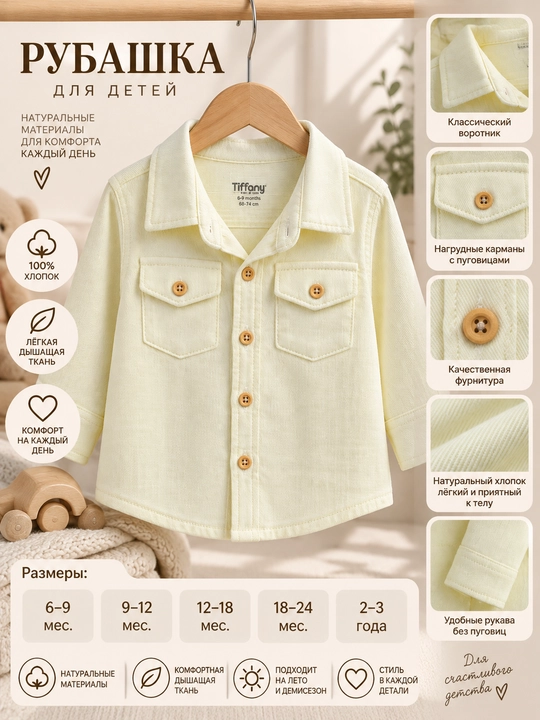 Льняная рубашка с длинным рукавом Tiffany Baby, 100% хлопок, 7 цветов - 