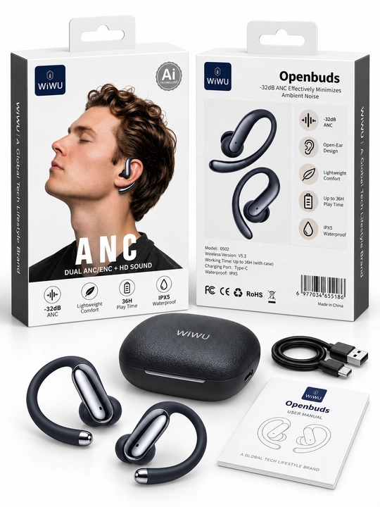 WiWU AiOWS simsiz quloqchin Bluetooth, ANC -32 dB, IPX5 va 36 soat