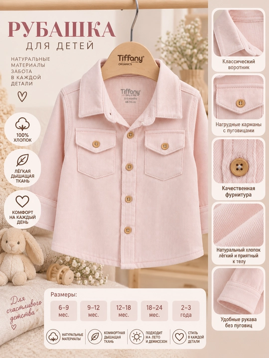 Льняная рубашка с длинным рукавом Tiffany Baby, 100% хлопок, 7 цветов - 