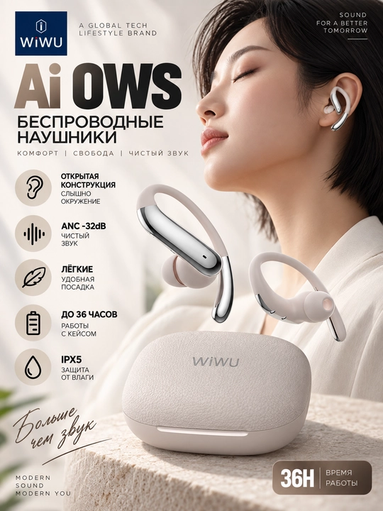 WiWU AiOWS simsiz quloqchin Bluetooth, ANC -32 dB, IPX5 va 36 soat - 