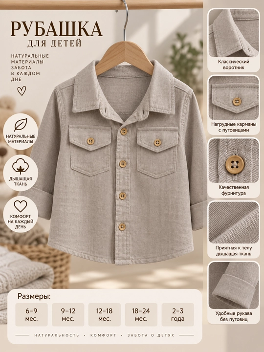 Льняная рубашка с длинным рукавом Tiffany Baby, 100% хлопок, 7 цветов - 