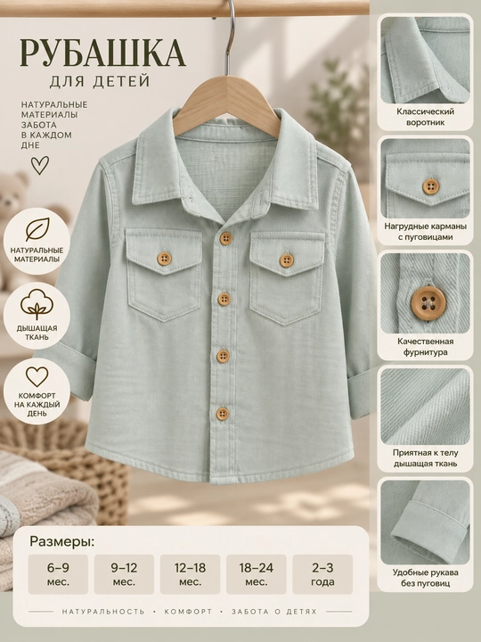 Льняная рубашка с длинным рукавом Tiffany Baby, 100% хлопок, 7 цветов - 