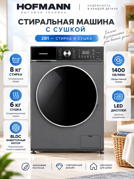 Стиральная машина с сушкой Hofmann 2 в 1, 8 кг / 6 кг, BLDC, 1400 об/мин