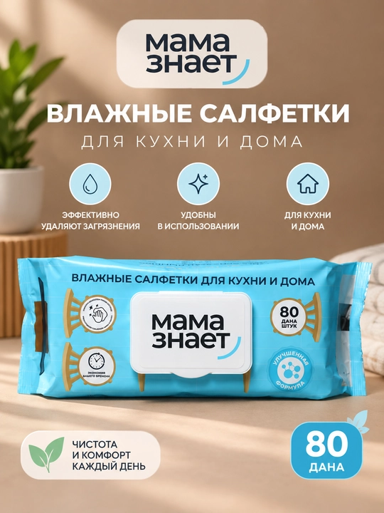Mama Znayet nam salfetkalari, oshxona va uy uchun, 80 dona - 