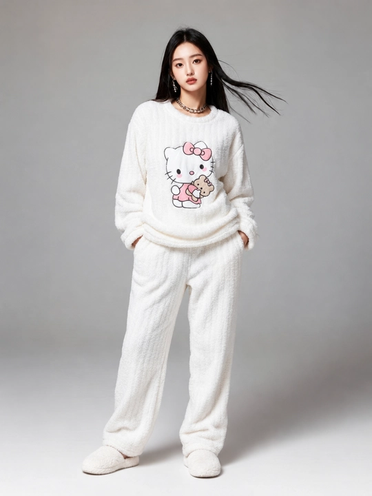 Ayollar uchun issiq plyush pijama, ayiqli uy kiyimi, qishki flisli to‘plam