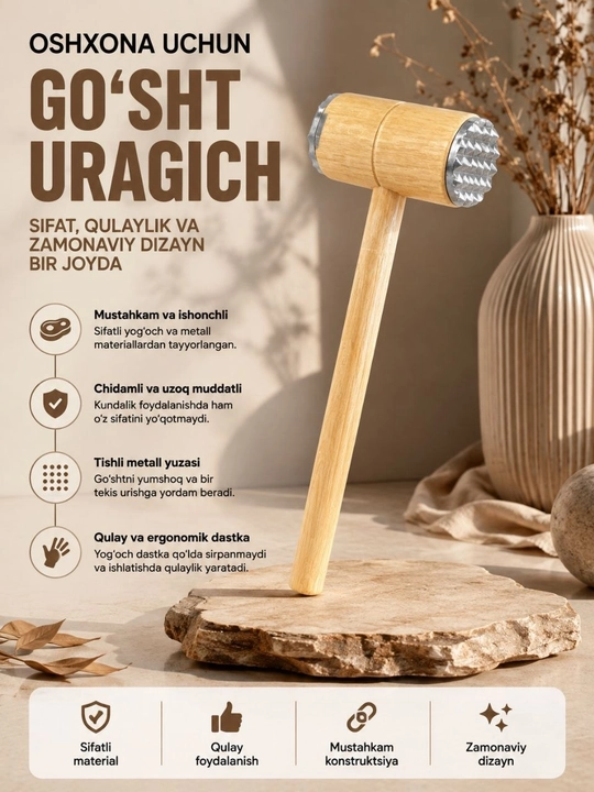Go‘sht uchun yog‘och bolg‘acha — ikki tomonlama metall urish yuzasi, qulay dastak - 