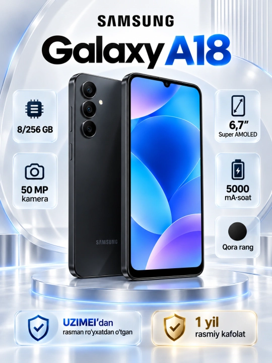 Samsung Galaxy A18 4G — 8/256 GB, 6.7” Super AMOLED, 50 MP kamera, 5000 mA·soat batareya - 