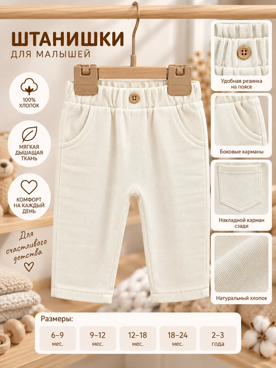 Брюки Tiffany Baby из хлопка, с эластичным поясом и карманами, 7 цветов - 